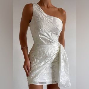 ⭐️FINAL SALE⭐️One-Shoulder White Lace Overlay Wrap Mini Dress